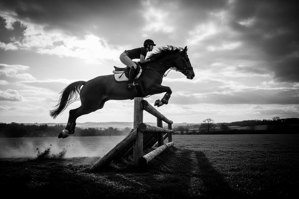 Black and white horse jumping